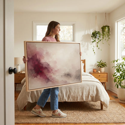 Minimalist canvas wall art showing burgundy watercolour bloom spreading diagonally across a cream and pale grey ground