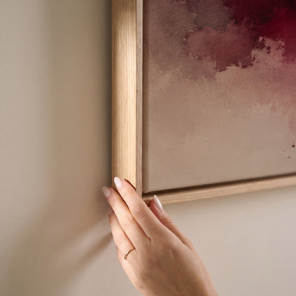 Burgundy watercolour bloom spreading diagonally across a cream and pale grey ground, horizontal canvas print