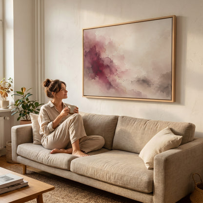 Burgundy watercolour bloom spreading diagonally across a cream and pale grey ground, canvas print