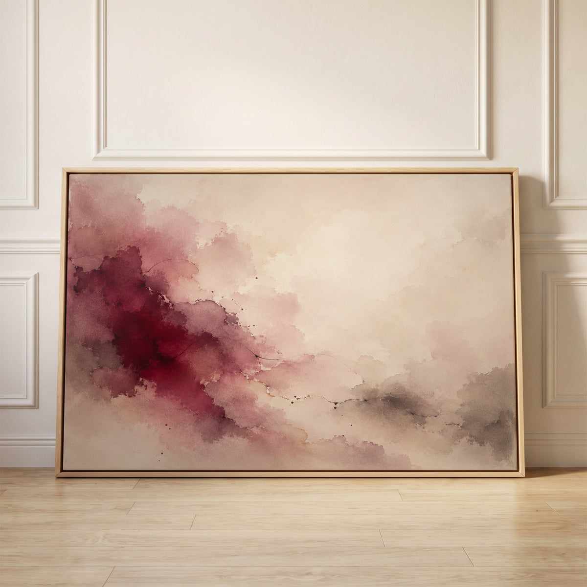 Burgundy watercolour bloom spreading diagonally across a cream and pale grey ground, canvas wall art