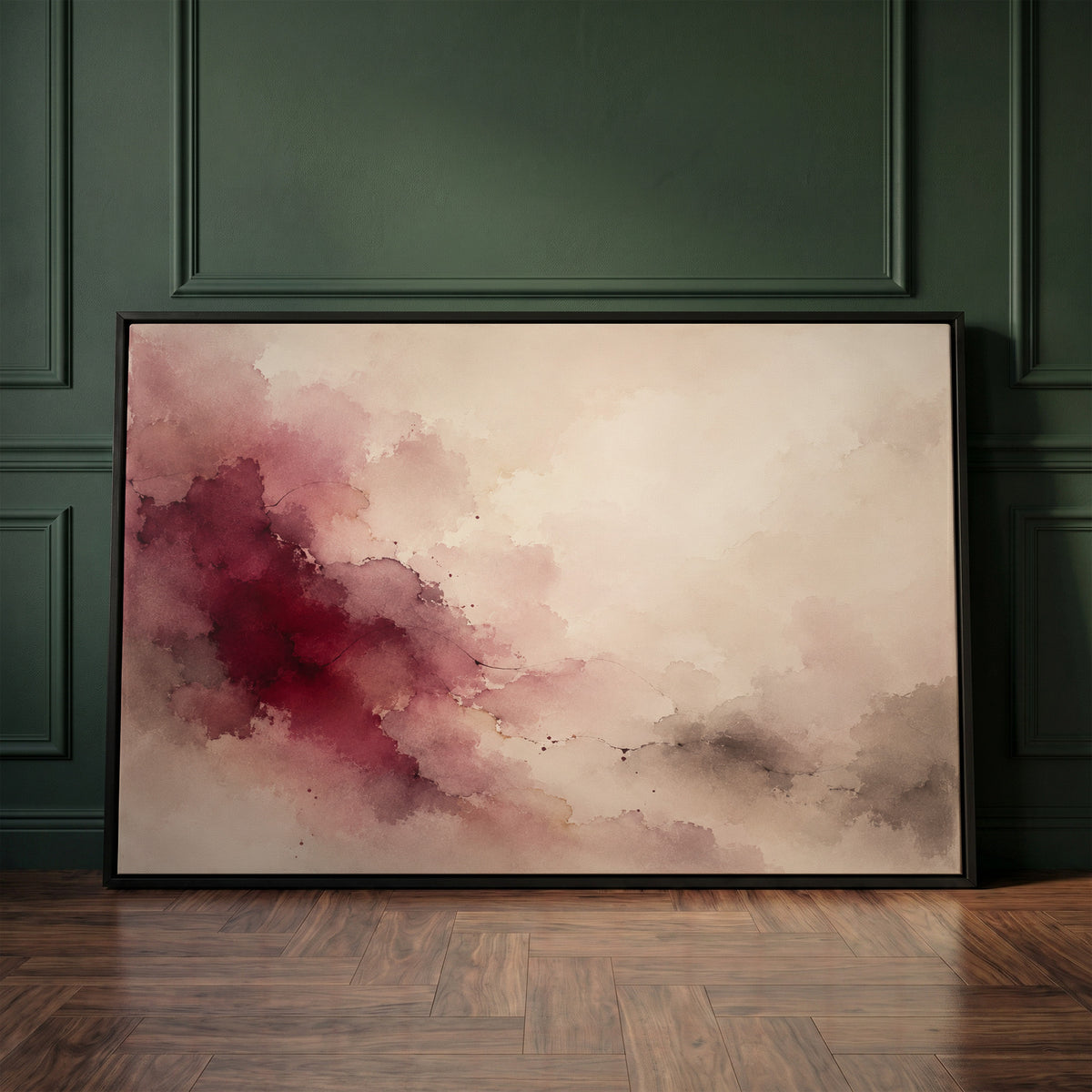 Wine canvas wall art showing burgundy watercolour bloom spreading diagonally across a cream and pale grey ground