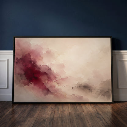 Wine red canvas wall art showing burgundy watercolour bloom spreading diagonally across a cream and pale grey ground