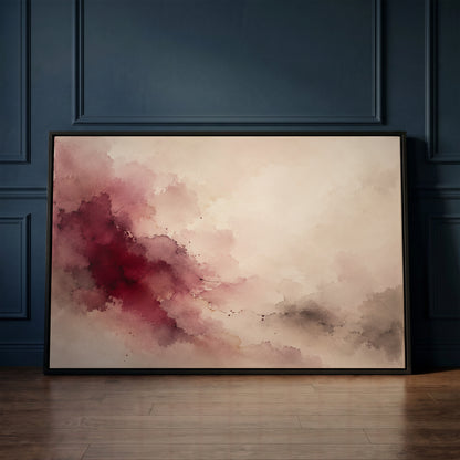 Burgundy abstract canvas wall art showing burgundy watercolour bloom spreading diagonally across a cream and pale grey ground