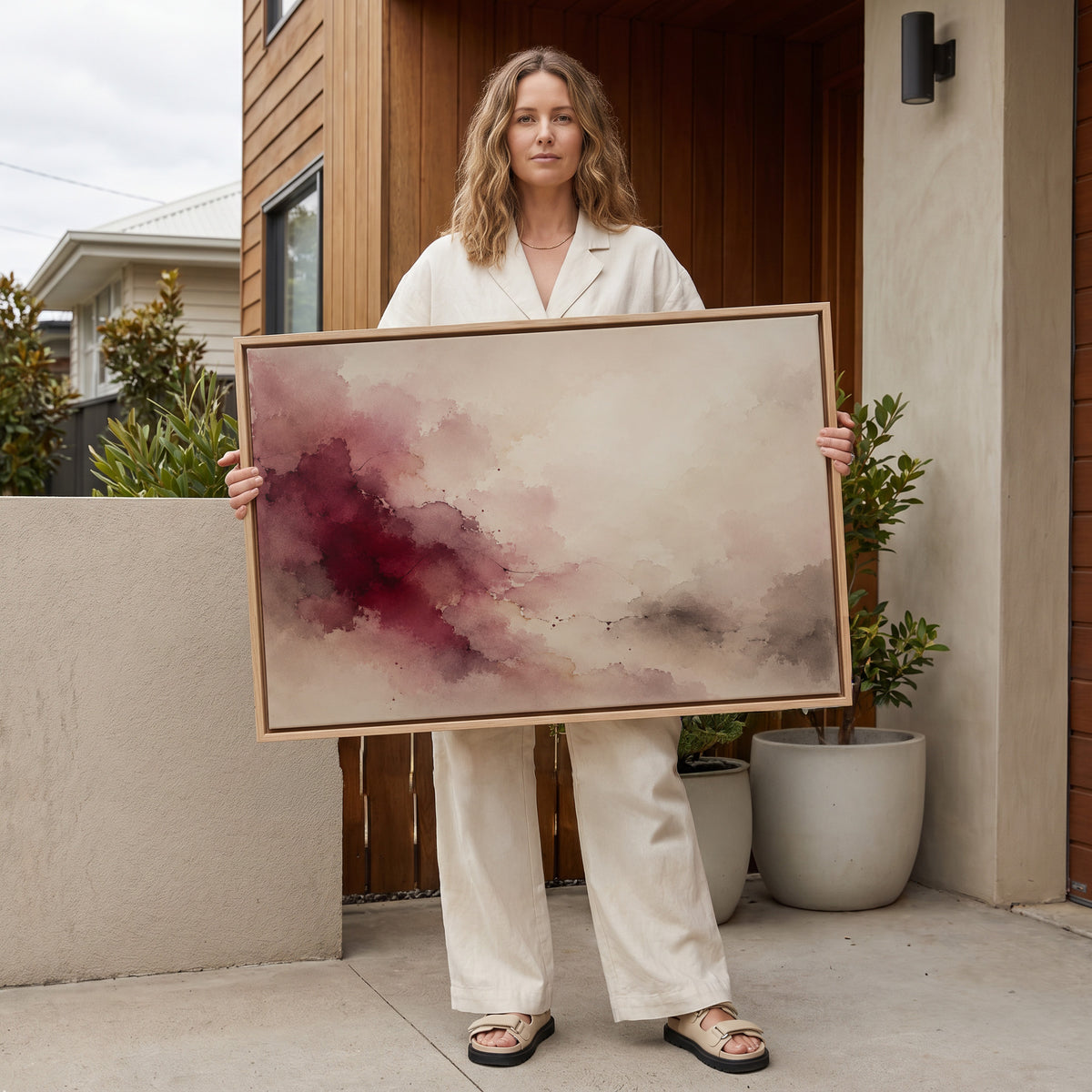 Soft neutral canvas wall art showing burgundy watercolour bloom spreading diagonally across a cream and pale grey ground