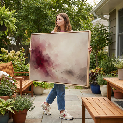 Watercolour canvas wall art showing burgundy watercolour bloom spreading diagonally across a cream and pale grey ground