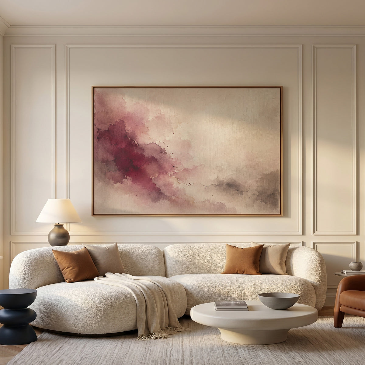 Burgundy study canvas wall art showing burgundy watercolour bloom spreading diagonally across a cream and pale grey ground