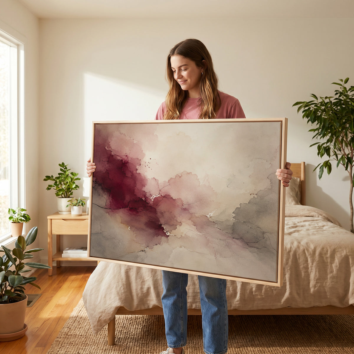 Burgundy study canvas wall art showing oxblood and blush watercolour washes meeting warm grey and bone across a horizontal abstract