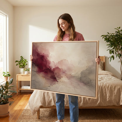Burgundy study canvas wall art showing oxblood and blush watercolour washes meeting warm grey and bone across a horizontal abstract