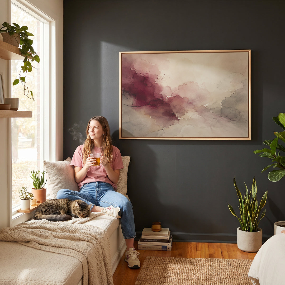 Oxblood and blush watercolour washes meeting warm grey and bone across a horizontal abstract, canvas print