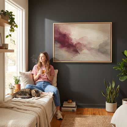 Oxblood and blush watercolour washes meeting warm grey and bone across a horizontal abstract, canvas print
