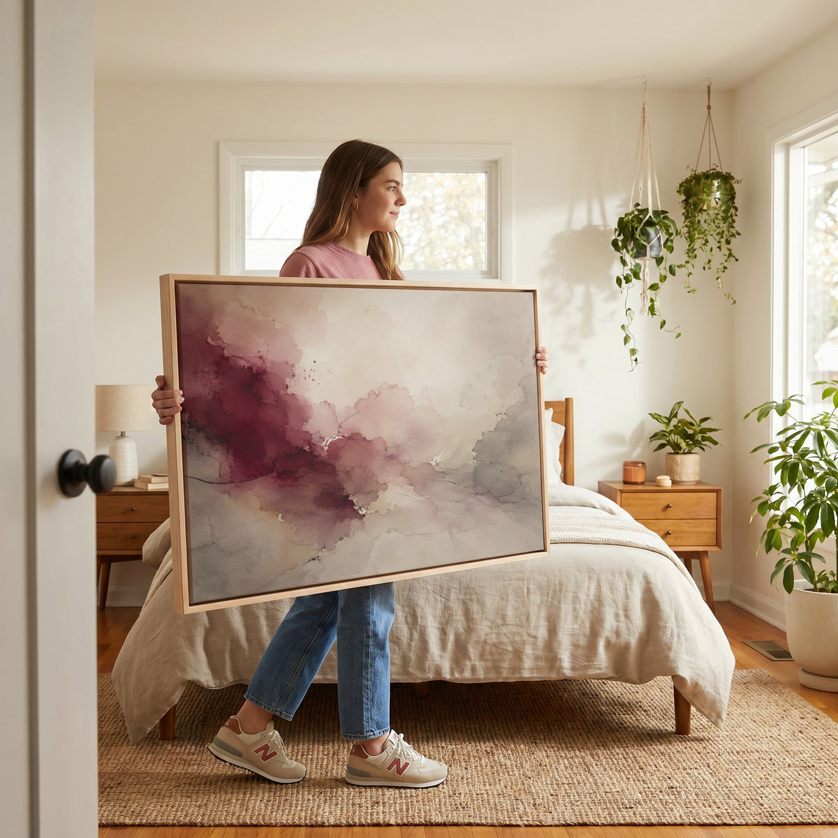 Blush canvas wall art showing oxblood and blush watercolour washes meeting warm grey and bone across a horizontal abstract