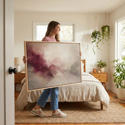 Blush canvas wall art showing oxblood and blush watercolour washes meeting warm grey and bone across a horizontal abstract