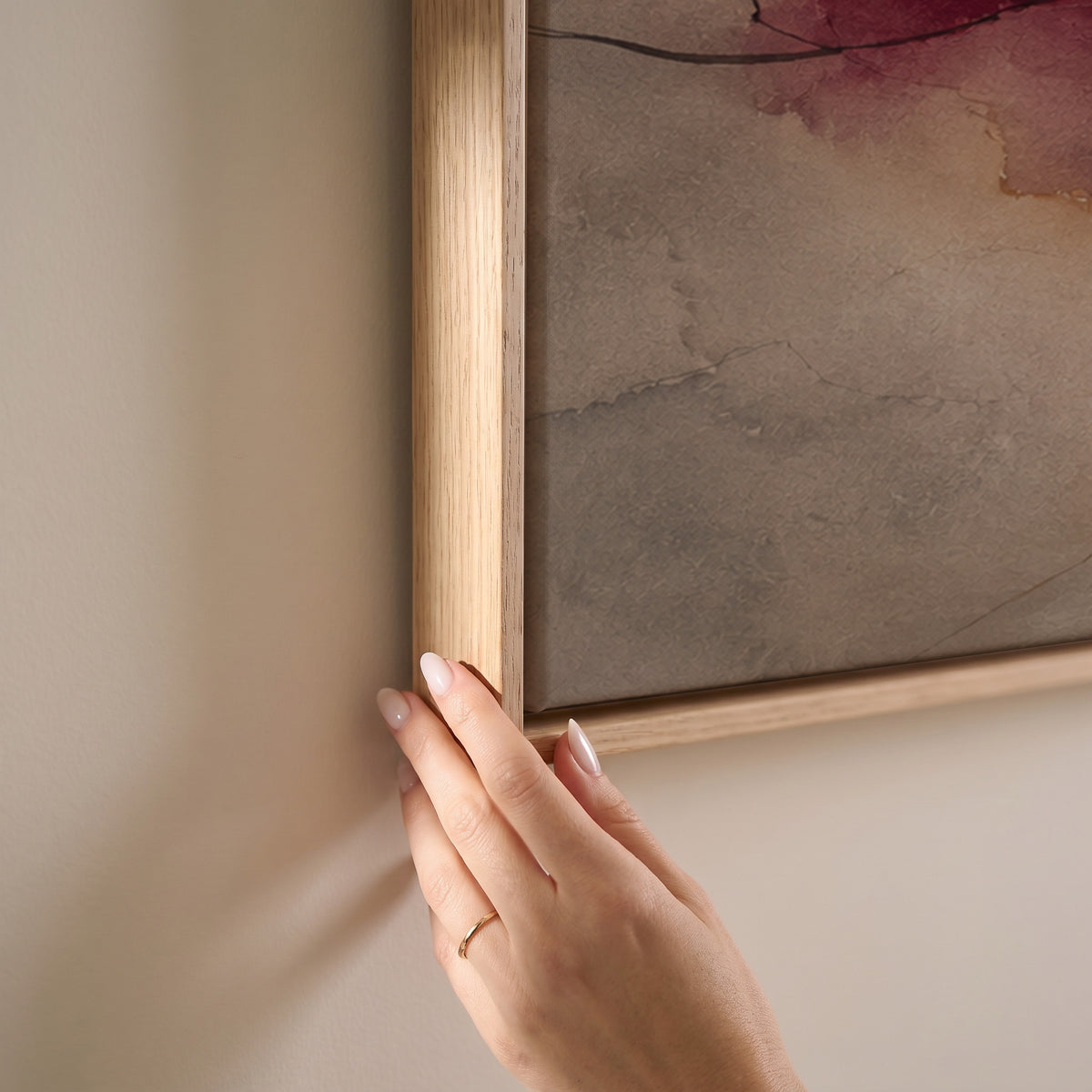 Oxblood and blush watercolour washes meeting warm grey and bone across a horizontal abstract, horizontal canvas print