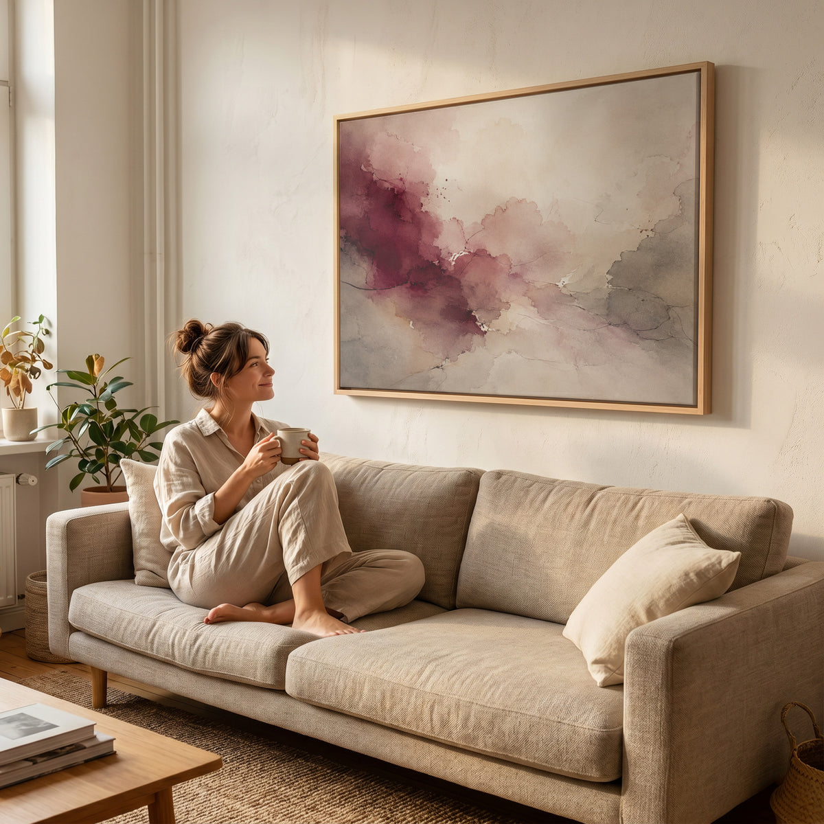 Oxblood and blush watercolour washes meeting warm grey and bone across a horizontal abstract, canvas art print