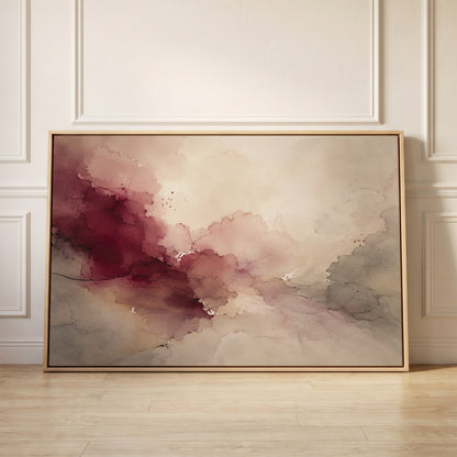 Oxblood and blush watercolour washes meeting warm grey and bone across a horizontal abstract, canvas wall art