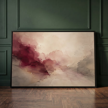 Oxblood and blush watercolour washes meeting warm grey and bone across a horizontal abstract, wall art print