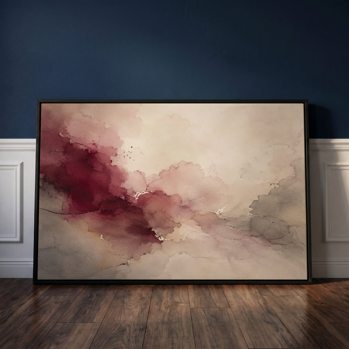 Neutral abstract canvas wall art showing oxblood and blush watercolour washes meeting warm grey and bone across a horizontal abstract