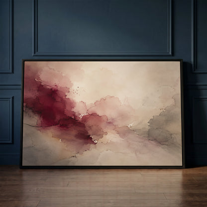 Muted colour canvas wall art showing oxblood and blush watercolour washes meeting warm grey and bone across a horizontal abstract