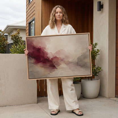Wine abstract canvas wall art showing oxblood and blush watercolour washes meeting warm grey and bone across a horizontal abstract