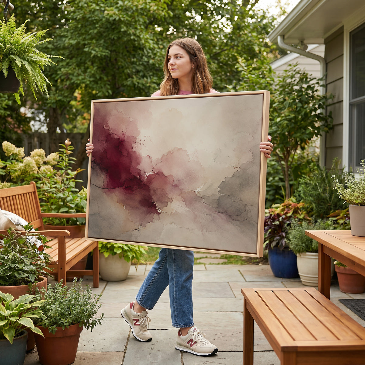 Oxblood and blush watercolour washes meeting warm grey and bone across a horizontal abstract, wine abstract horizontal canvas print