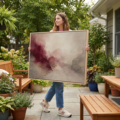 Oxblood and blush watercolour washes meeting warm grey and bone across a horizontal abstract, wine abstract horizontal canvas print