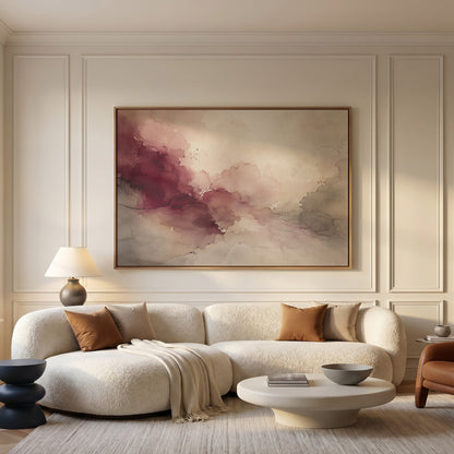 Modern canvas wall art showing oxblood and blush watercolour washes meeting warm grey and bone across a horizontal abstract