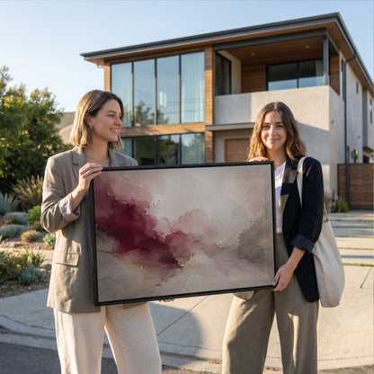 Soft abstract canvas wall art showing oxblood and blush watercolour washes meeting warm grey and bone across a horizontal abstract