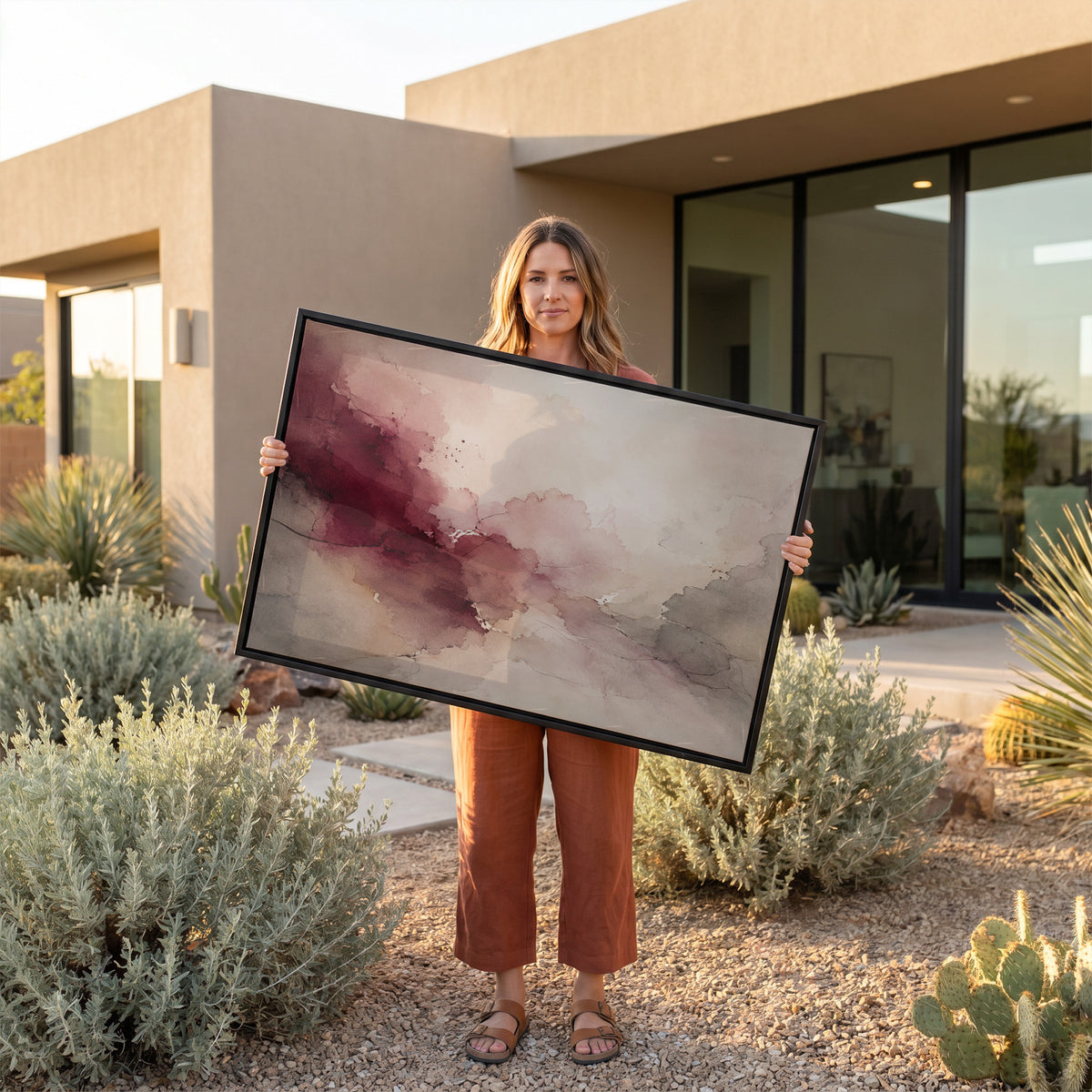 Watercolour canvas wall art showing oxblood and blush watercolour washes meeting warm grey and bone across a horizontal abstract