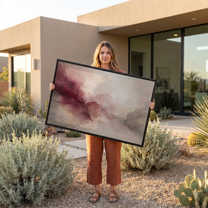 Watercolour canvas wall art showing oxblood and blush watercolour washes meeting warm grey and bone across a horizontal abstract