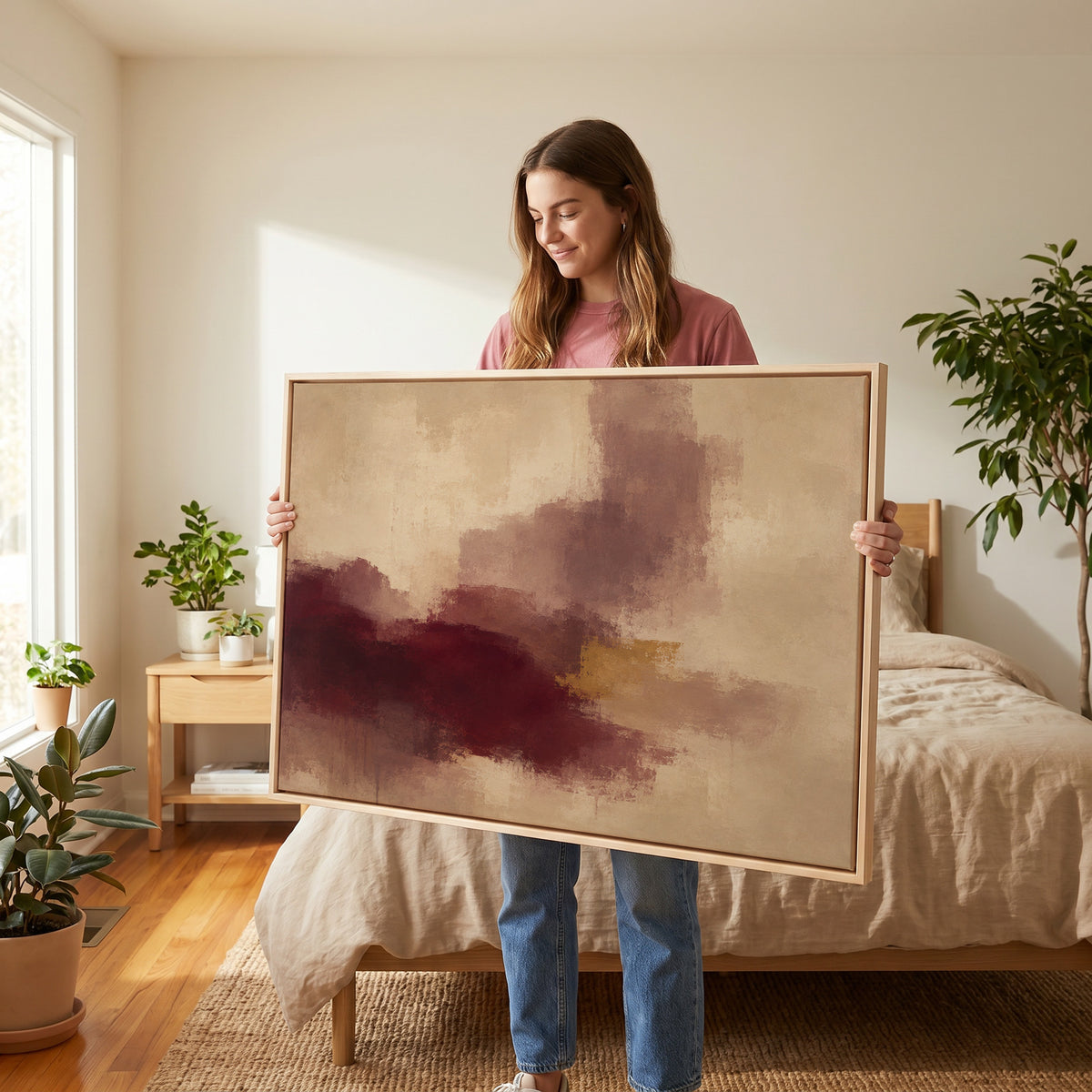 Burgundy abstract canvas wall art showing abstract painting with a burgundy mass, mauve column and one gold bar on warm beige