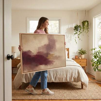 Calm abstract canvas wall art showing abstract painting with a burgundy mass, mauve column and one gold bar on warm beige