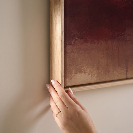 Abstract painting with a burgundy mass, mauve column and one gold bar on warm beige, horizontal canvas print