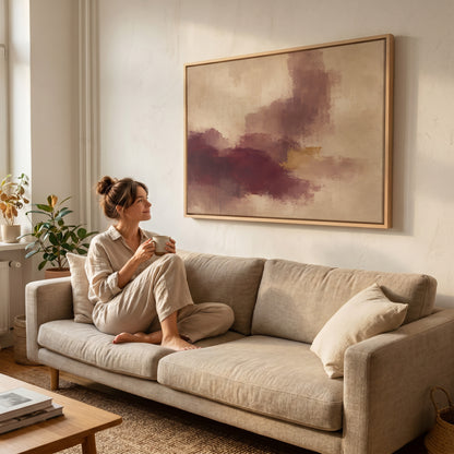 Abstract painting with a burgundy mass, mauve column and one gold bar on warm beige, canvas print