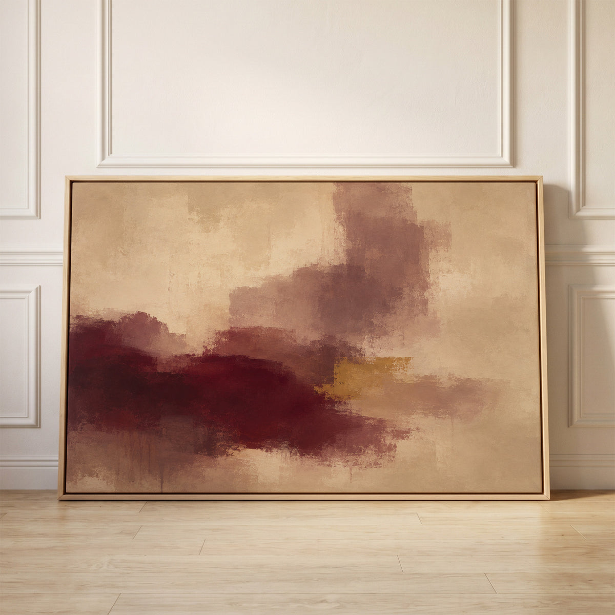 Abstract painting with a burgundy mass, mauve column and one gold bar on warm beige, canvas wall art