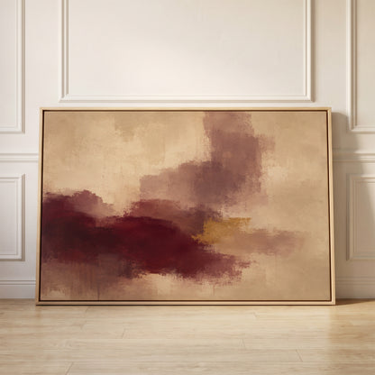 Abstract painting with a burgundy mass, mauve column and one gold bar on warm beige, canvas wall art