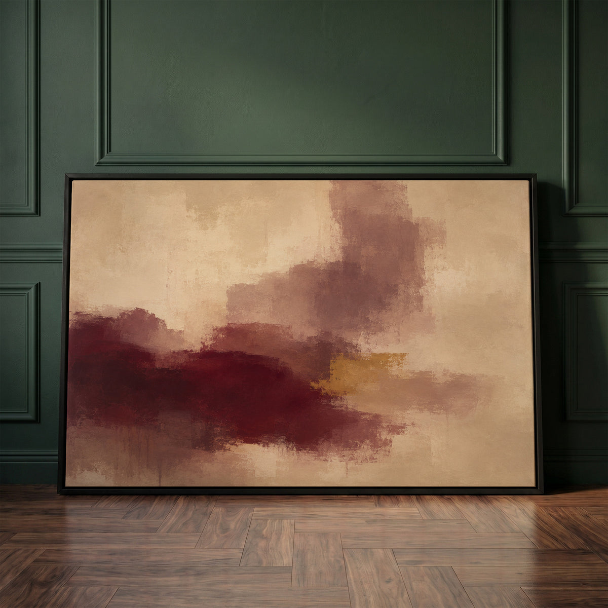 Abstract painting with a burgundy mass, mauve column and one gold bar on warm beige, wall art print