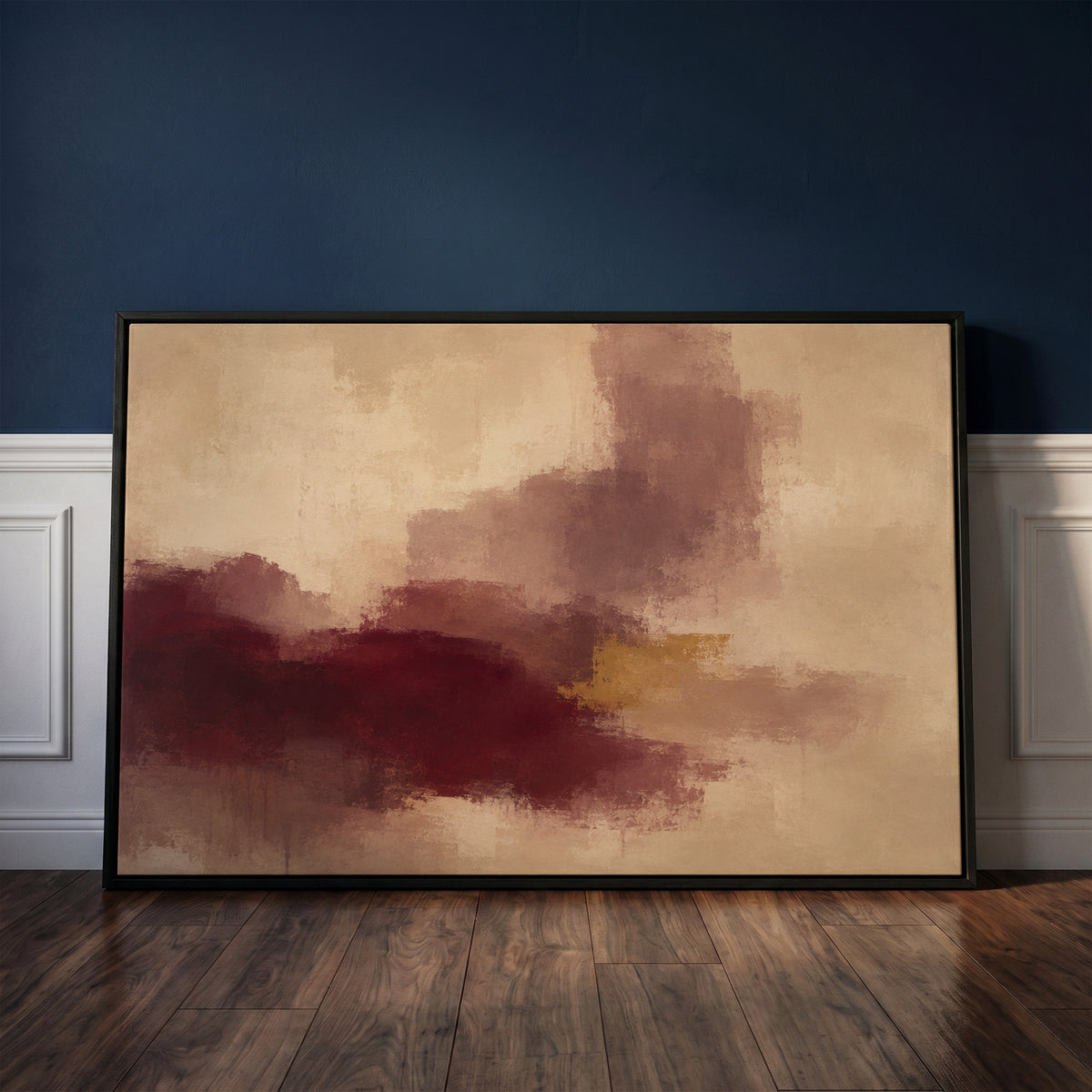 Muted abstract canvas wall art showing abstract painting with a burgundy mass, mauve column and one gold bar on warm beige
