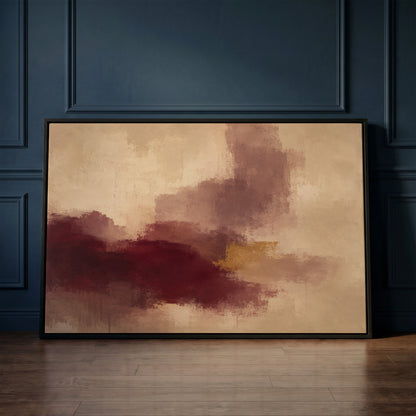 Mauve canvas wall art showing abstract painting with a burgundy mass, mauve column and one gold bar on warm beige