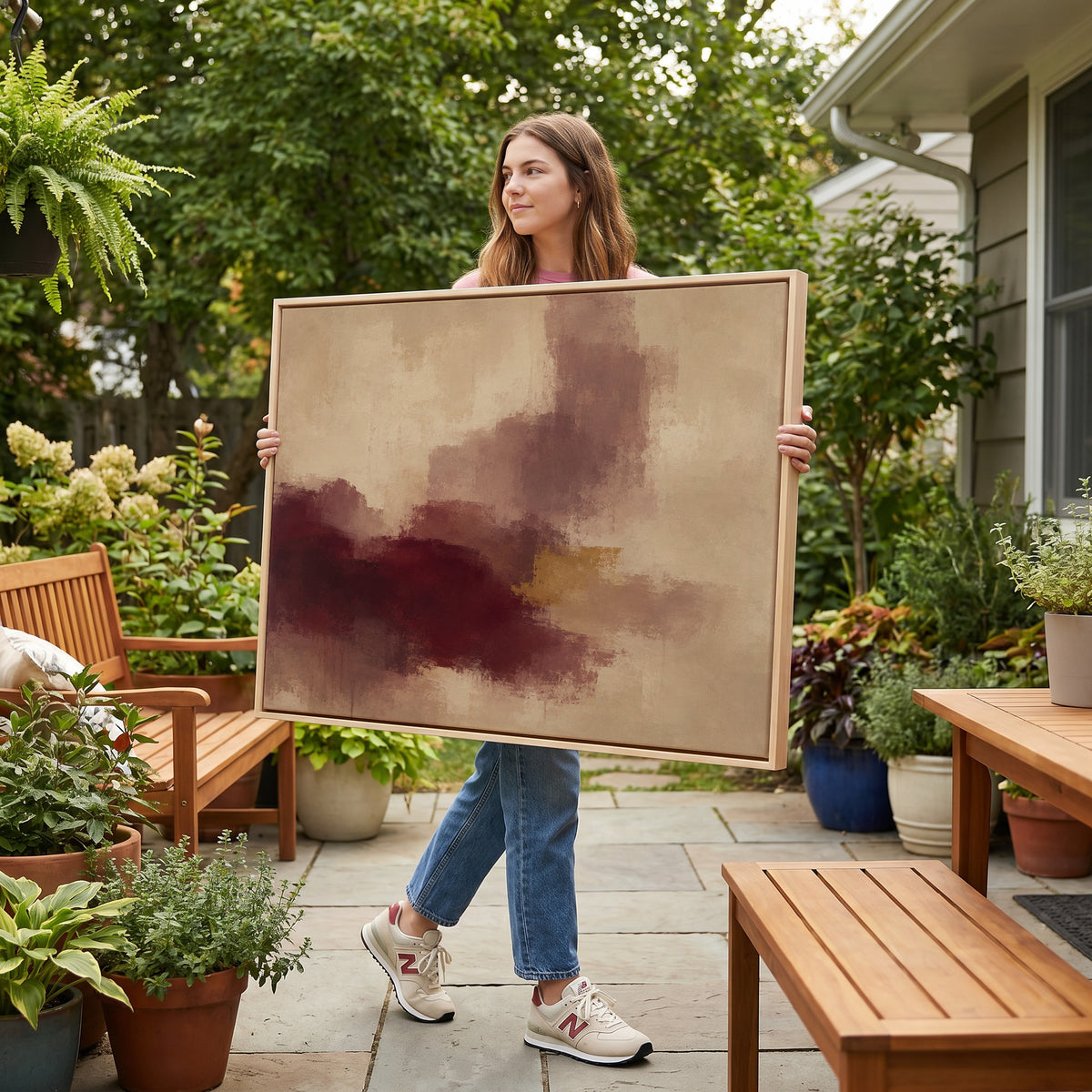 Wine canvas wall art showing abstract painting with a burgundy mass, mauve column and one gold bar on warm beige