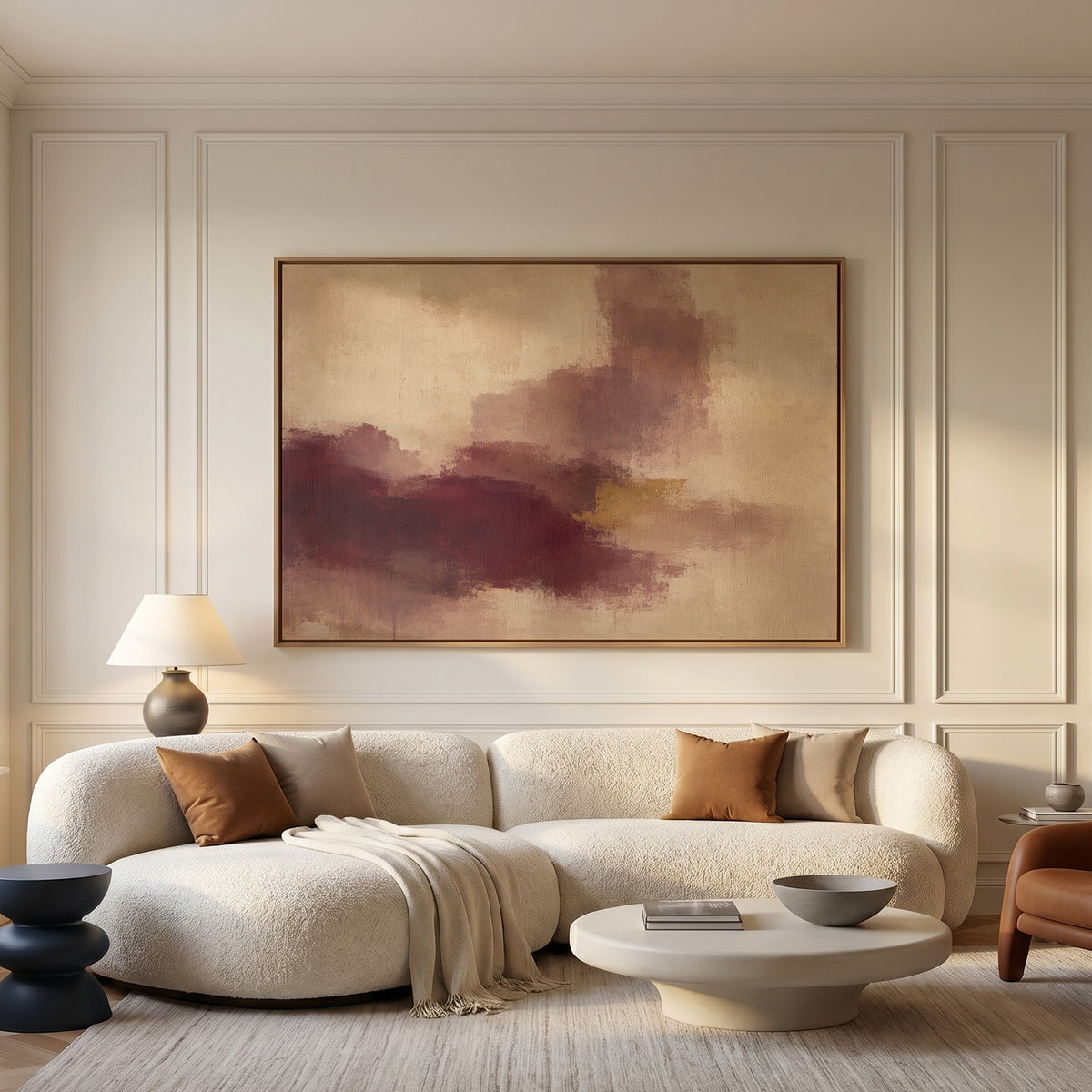 Ochre canvas wall art showing abstract painting with a burgundy mass, mauve column and one gold bar on warm beige