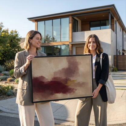 Abstract oil canvas wall art showing abstract painting with a burgundy mass, mauve column and one gold bar on warm beige