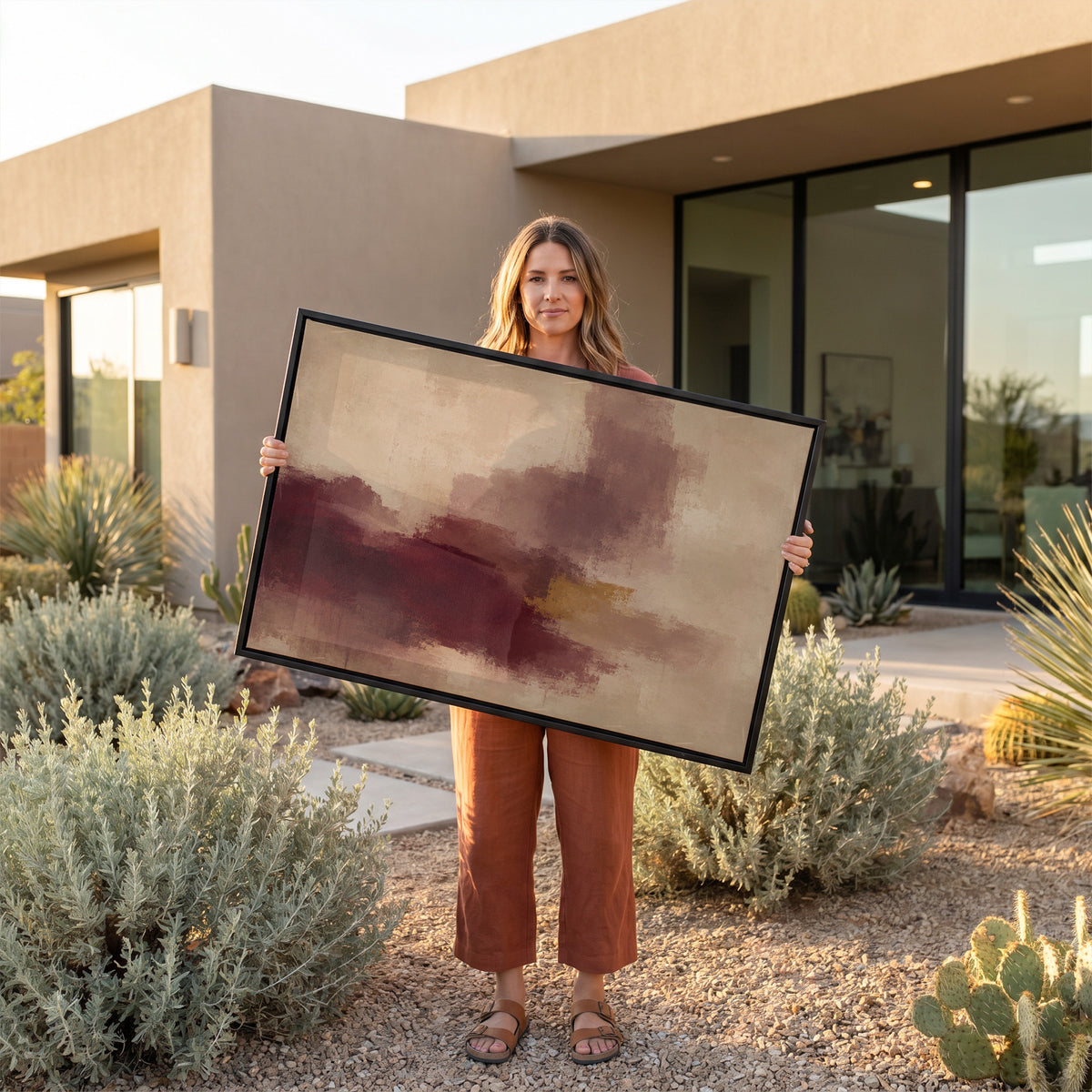 Neutral canvas canvas wall art showing abstract painting with a burgundy mass, mauve column and one gold bar on warm beige