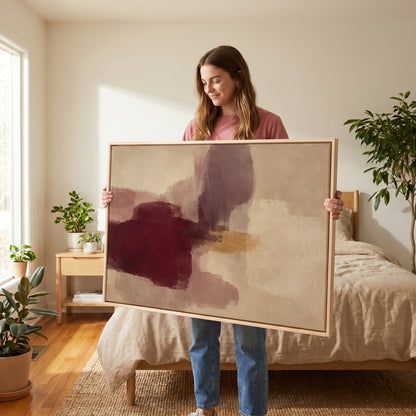 Abstract canvas wall art showing colour block abstract with a deep burgundy form, grey violet column and gold band on cream