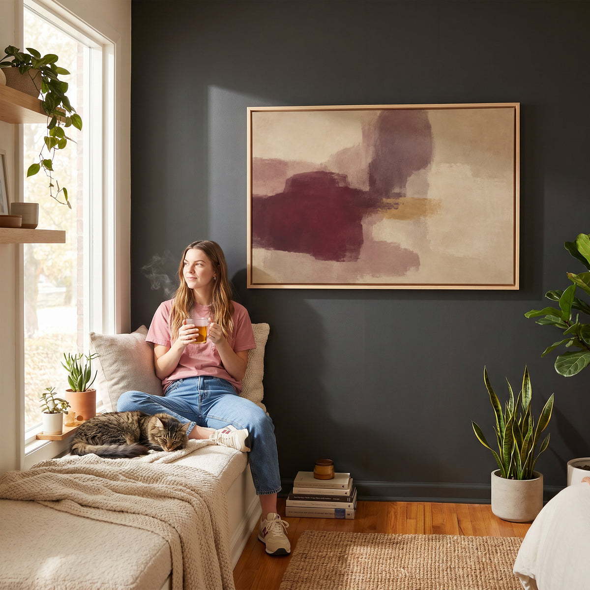 Mauve abstract canvas wall art showing colour block abstract with a deep burgundy form, grey violet column and gold band on cream