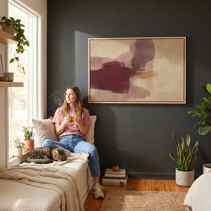 Mauve abstract canvas wall art showing colour block abstract with a deep burgundy form, grey violet column and gold band on cream