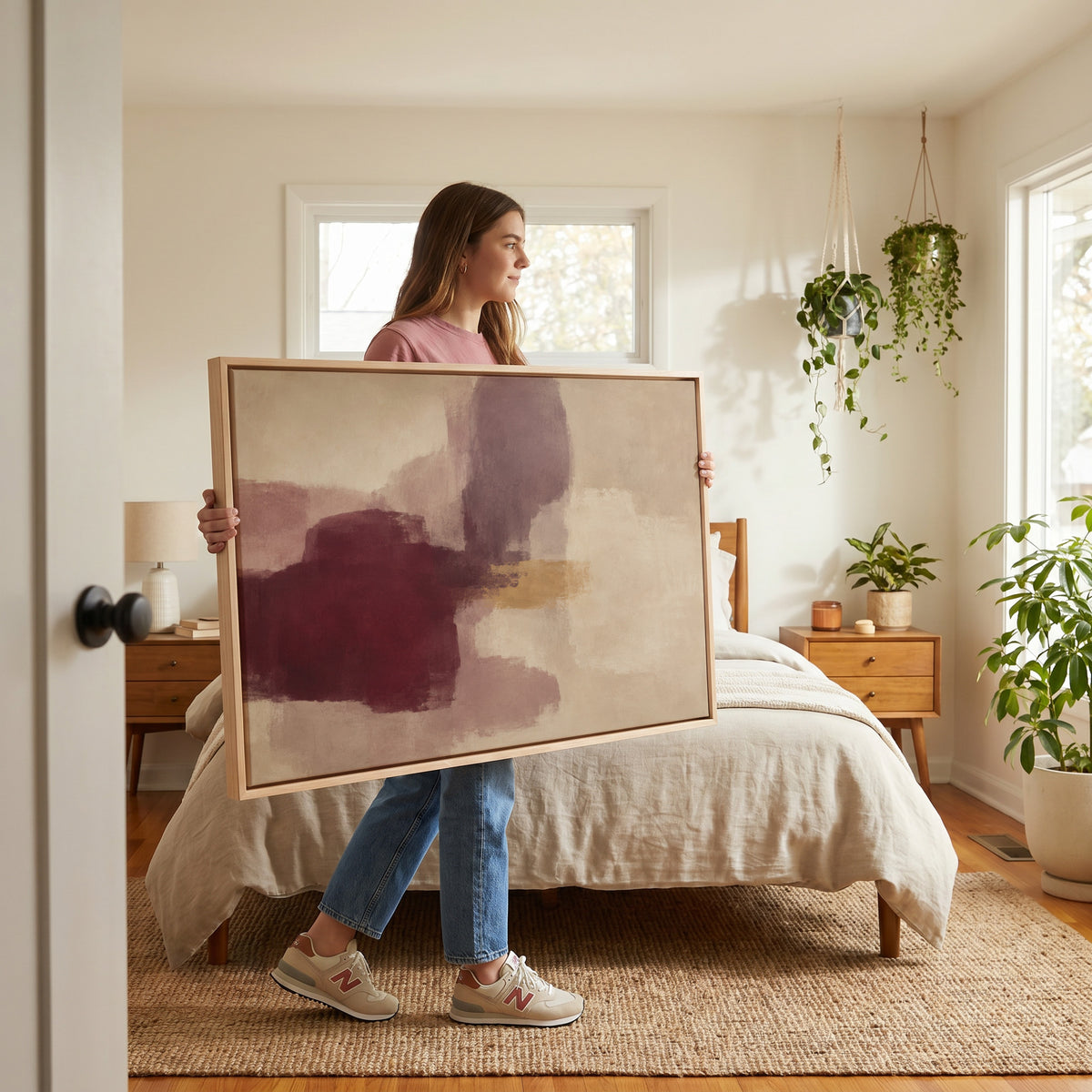 Abstract oil canvas wall art showing colour block abstract with a deep burgundy form, grey violet column and gold band on cream
