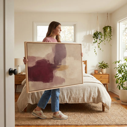 Abstract oil canvas wall art showing colour block abstract with a deep burgundy form, grey violet column and gold band on cream