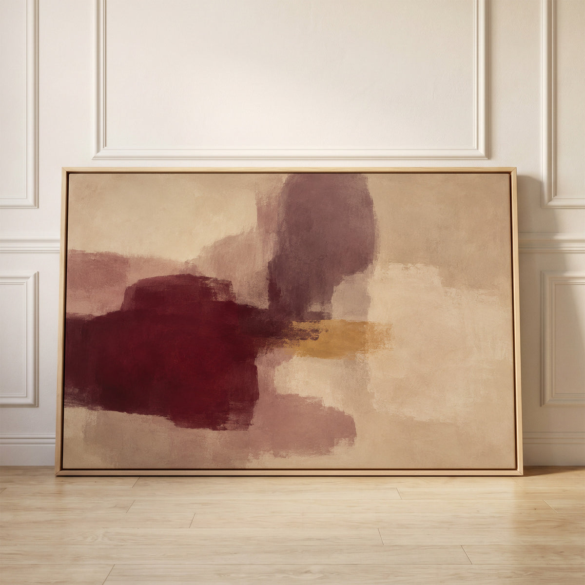 Colour block abstract with a deep burgundy form, grey violet column and gold band on cream, canvas wall art