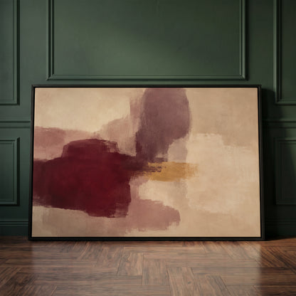 Warm neutral canvas wall art showing colour block abstract with a deep burgundy form, grey violet column and gold band on cream