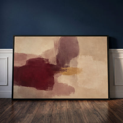 Colour block abstract with a deep burgundy form, grey violet column and gold band on cream, wall art print